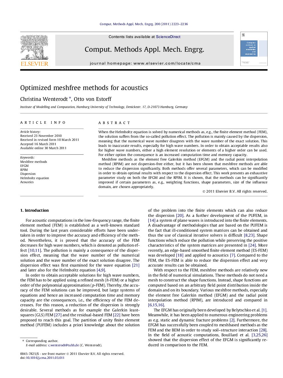 عکس صفحه اول مقاله: Optimized meshfree methods for acoustics Optimized meshfree methods for acoustics