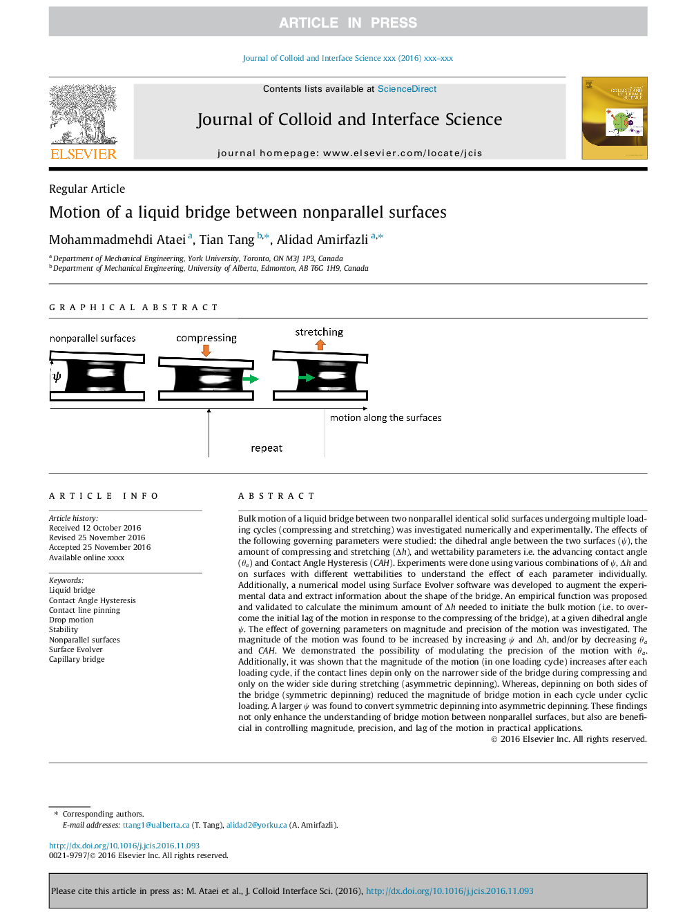 Motion of a liquid bridge between nonparallel surfaces