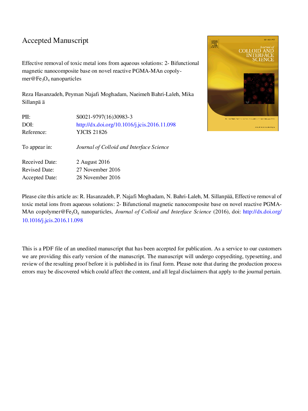 Effective removal of toxic metal ions from aqueous solutions: 2-Bifunctional magnetic nanocomposite base on novel reactive PGMA-MAn copolymer@Fe3O4 nanoparticles