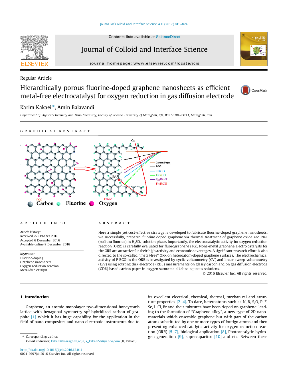 نانو ذرات گرافنی متخلخل فلوراید دو طرفه به عنوان کارآمد الکتروکاتالیست کارآمد بدون فلز برای کاهش اکسیژن در الکترود انتشار گاز 