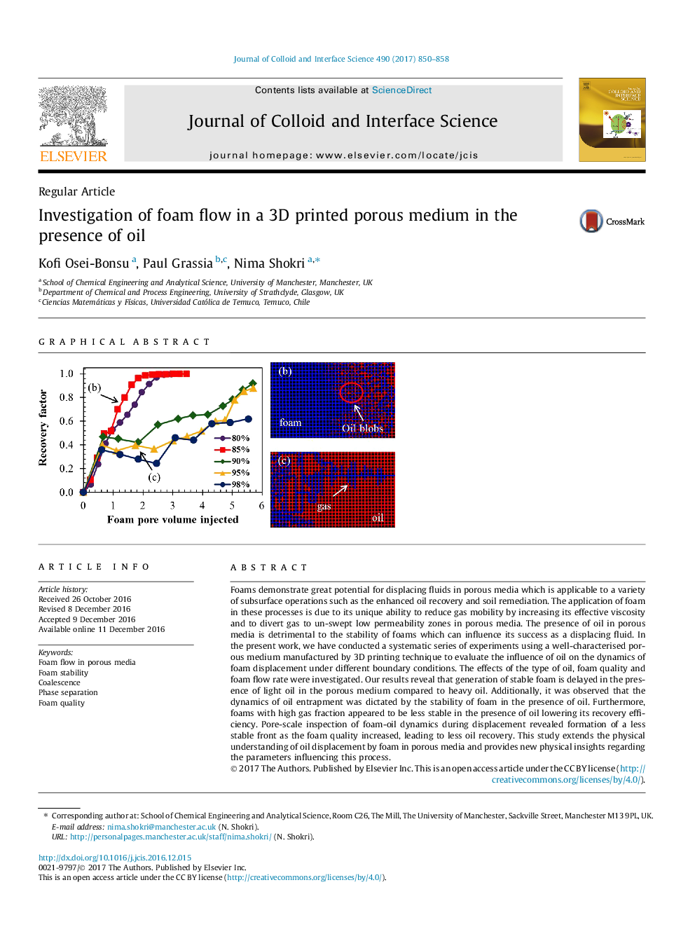 Regular ArticleInvestigation of foam flow in a 3D printed porous medium in the presence of oil