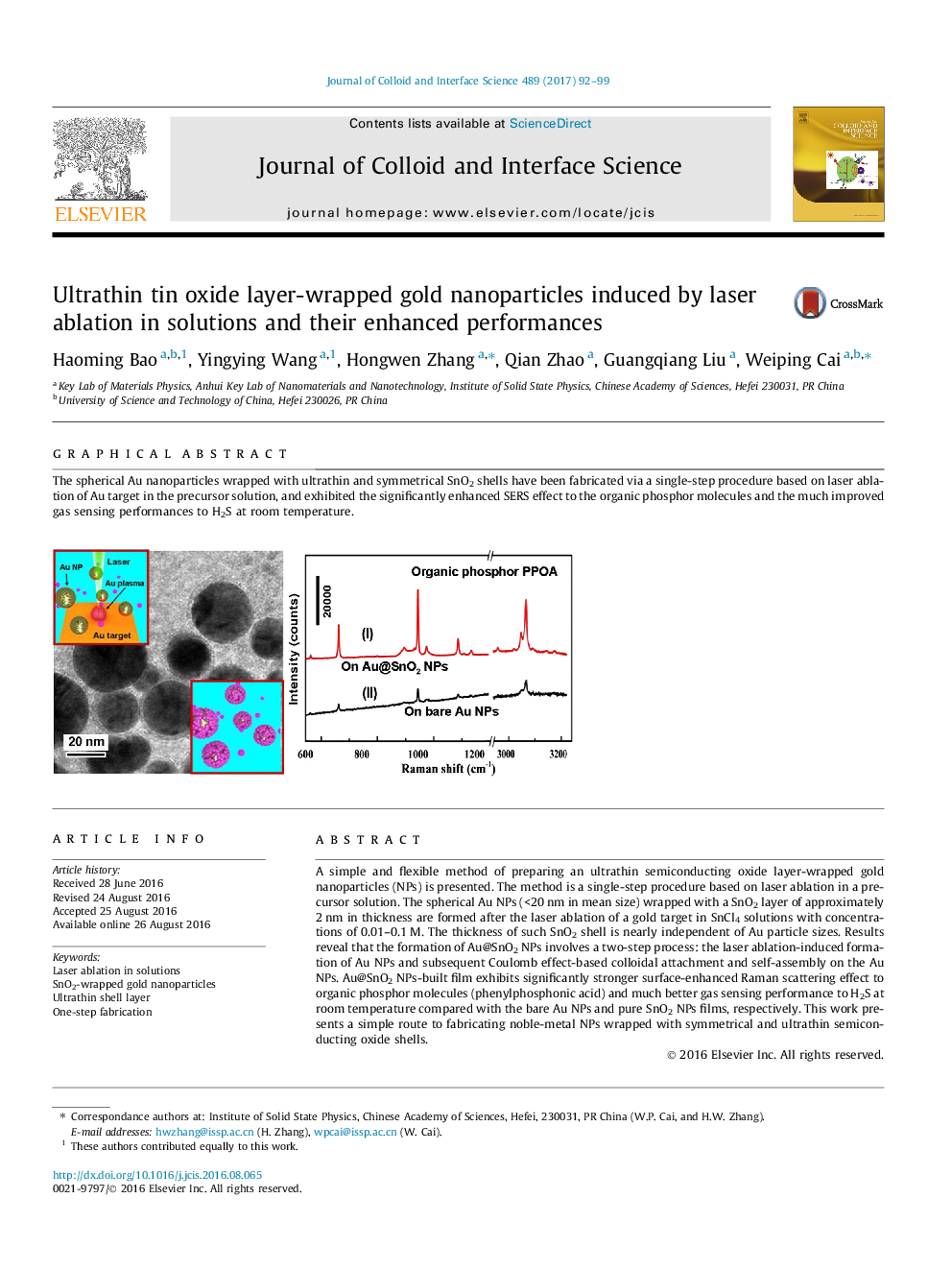 Ultrathin tin oxide layer-wrapped gold nanoparticles induced by laser ablation in solutions and their enhanced performances