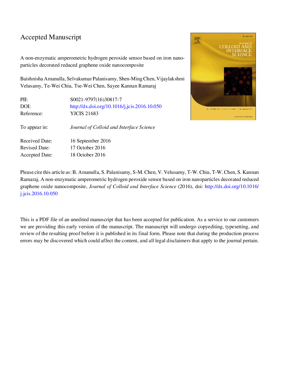 یک سنسور پراکسید هیدروژن آمپرترمتری غیر آنزیمی بر پایه نانوذرات آهن تزئین شده کاهش نانوکامپوزیت گرافین اکسید 