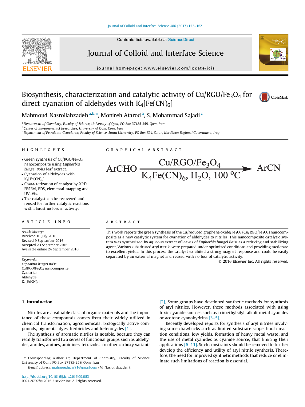 Biosynthesis, characterization and catalytic activity of Cu/RGO/Fe3O4 for direct cyanation of aldehydes with K4[Fe(CN)6]