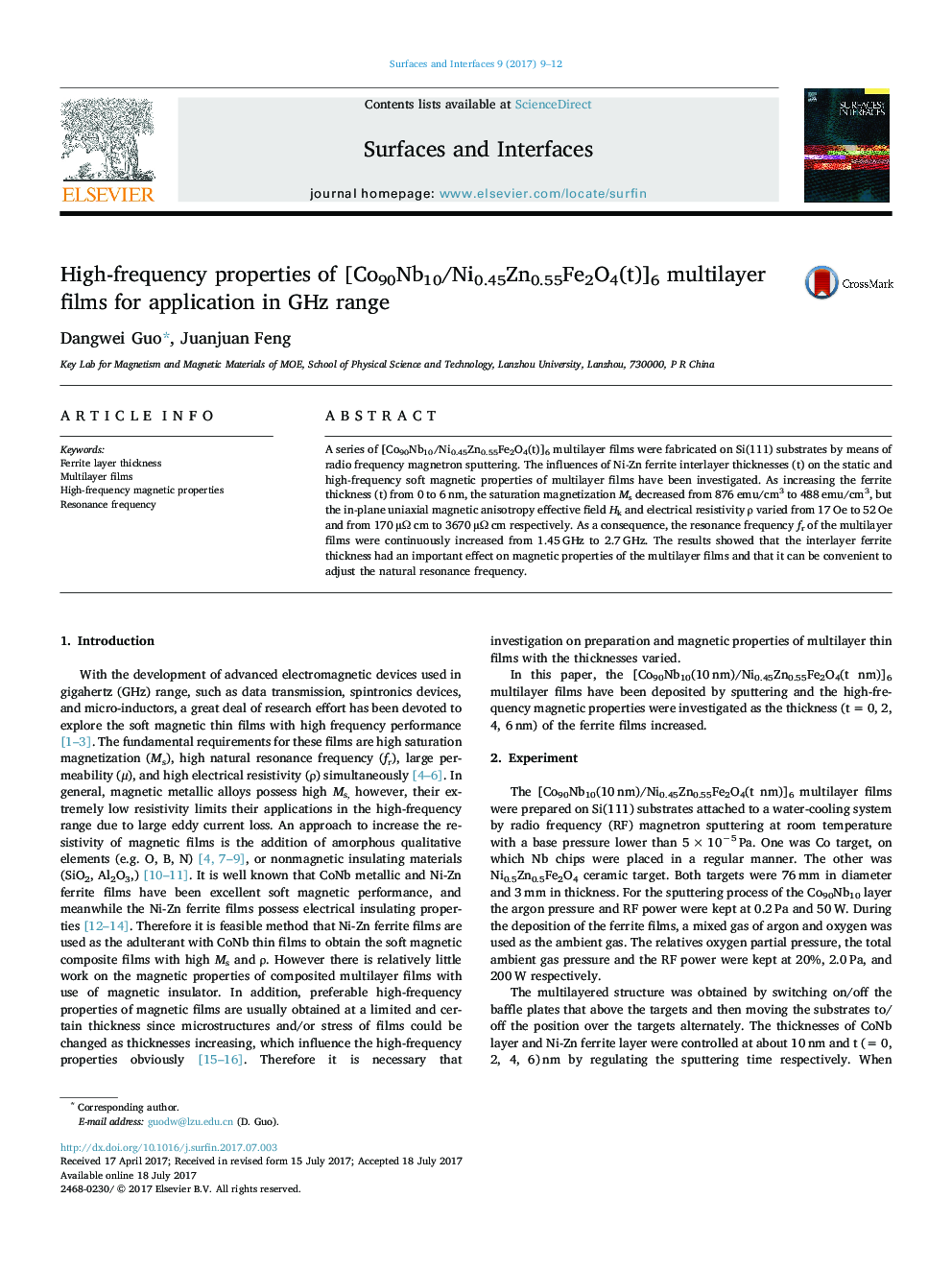 High-frequency properties of [Co90Nb10/Ni0.45Zn0.55Fe2O4(t)]6 multilayer films for application in GHz range