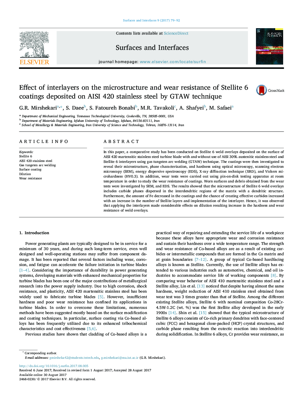 Effect of interlayers on the microstructure and wear resistance of Stellite 6 coatings deposited on AISI 420 stainless steel by GTAW technique