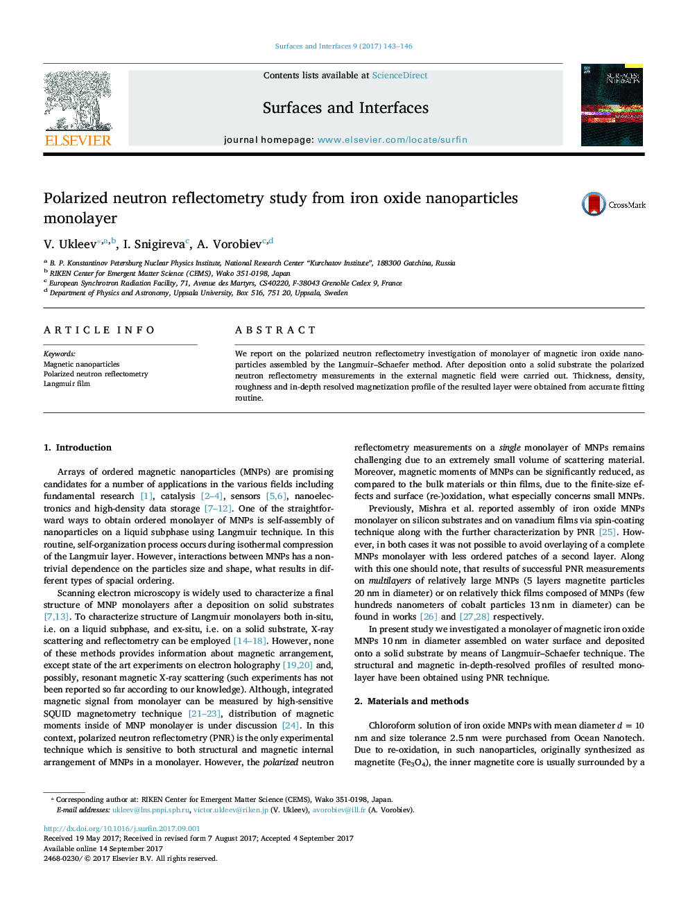 Polarized neutron reflectometry study from iron oxide nanoparticles monolayer