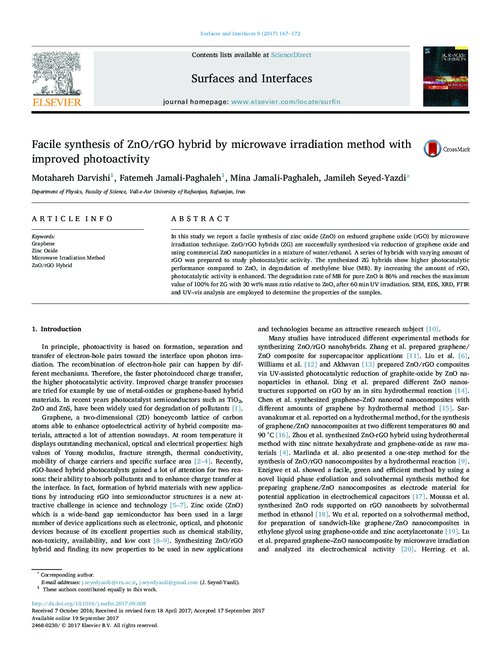 Facile synthesis of ZnO/rGO hybrid by microwave irradiation method with improved photoactivity