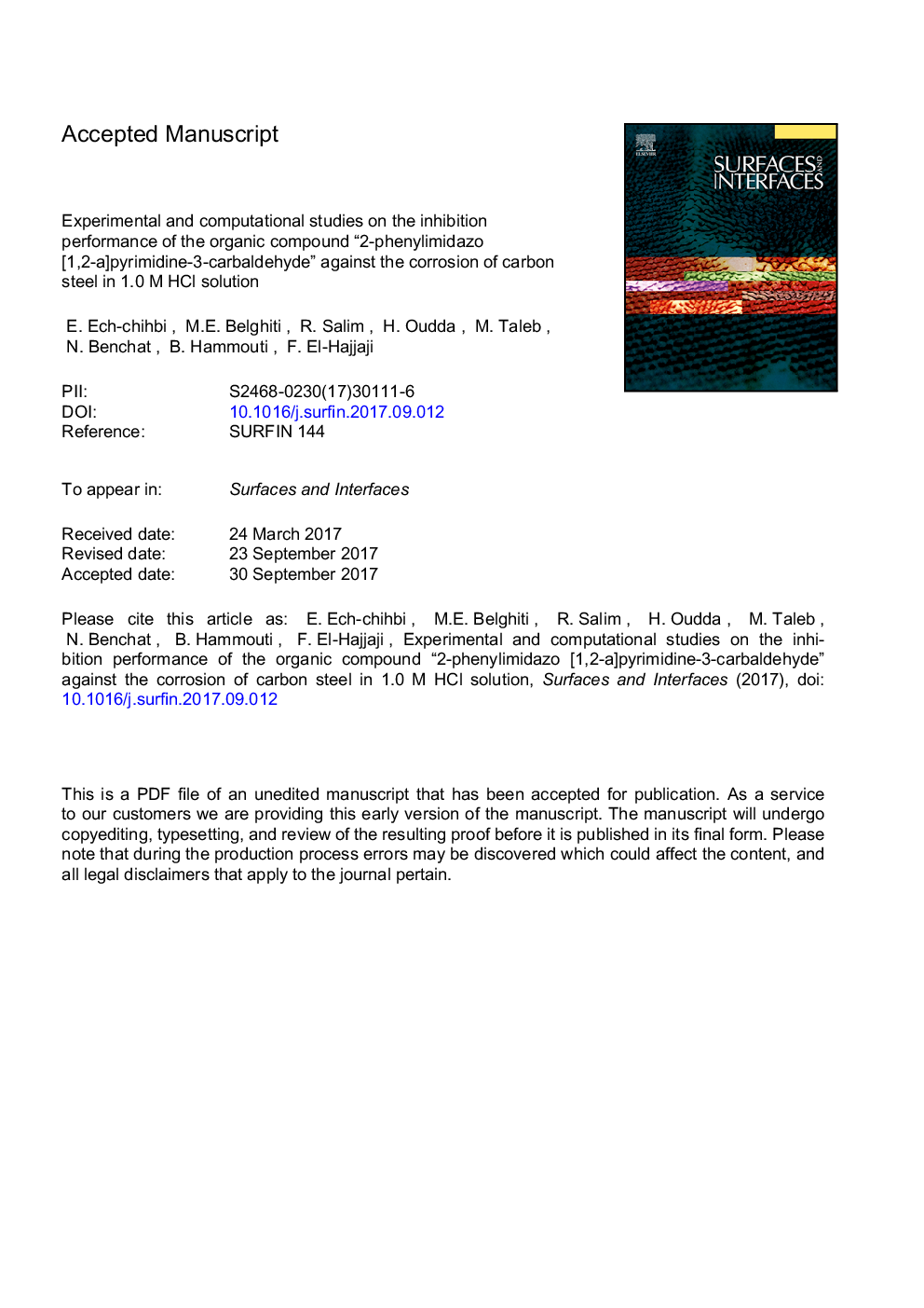 Experimental and computational studies on the inhibition performance of the organic compound “2-phenylimidazo [1,2-a]pyrimidine-3-carbaldehyde” against the corrosion of carbon steel in 1.0â¯M HCl solution