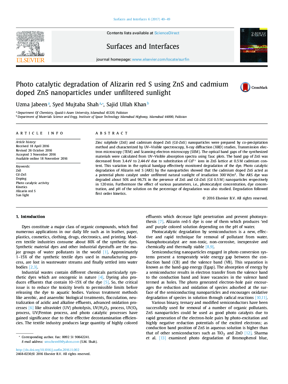 Photo catalytic degradation of Alizarin red S using ZnS and cadmium doped ZnS nanoparticles under unfiltered sunlight