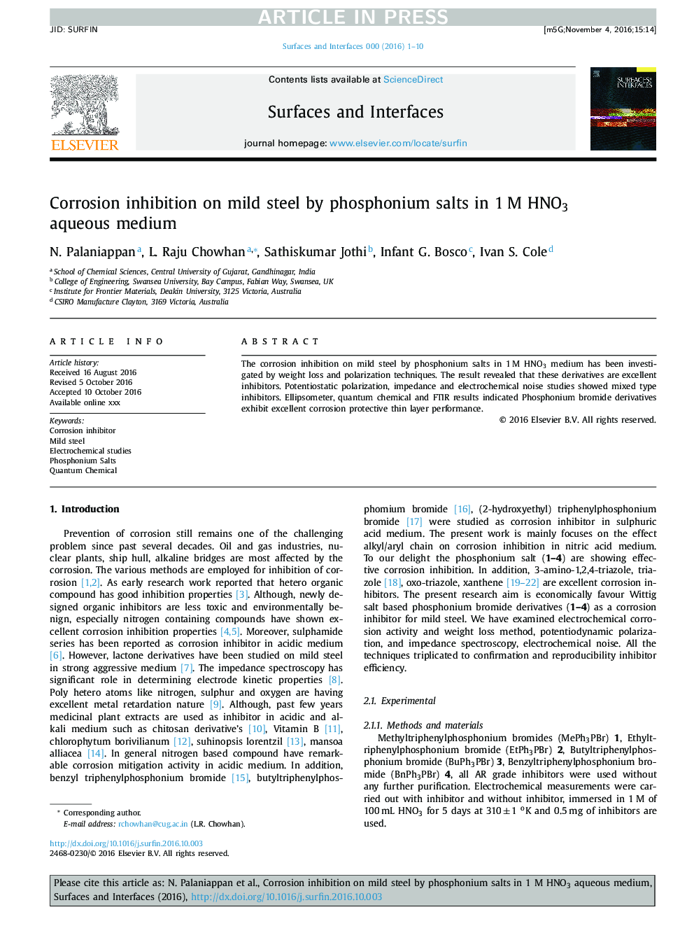 Corrosion inhibition on mild steel by phosphonium salts in 1Â M HNO3 aqueous medium