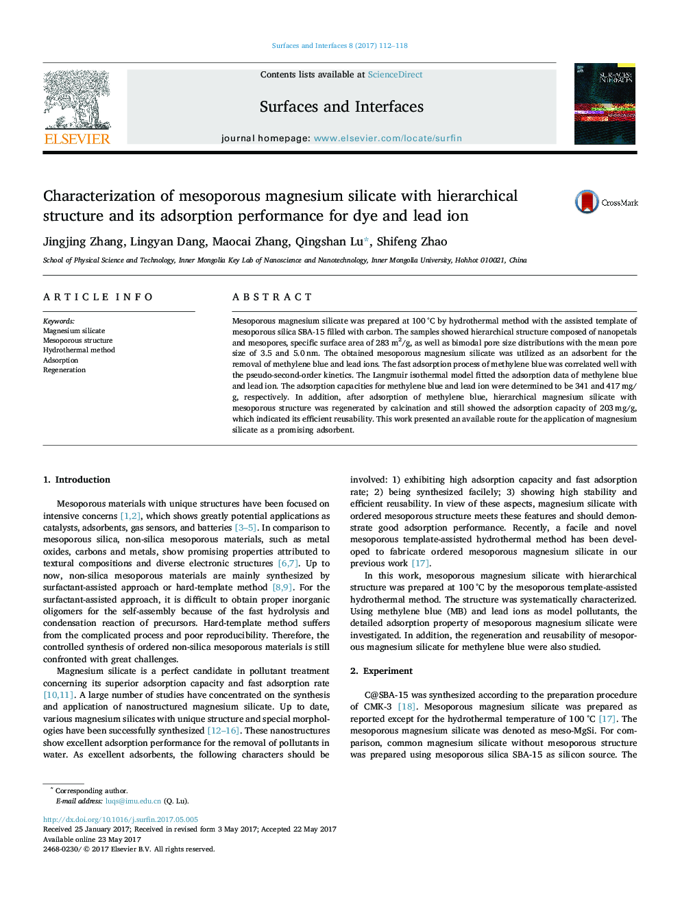 Characterization of mesoporous magnesium silicate with hierarchical structure and its adsorption performance for dye and lead ion