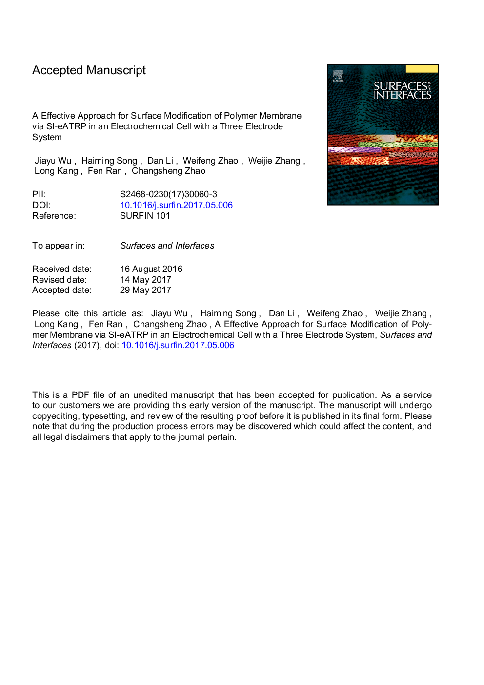 A effective approach for surface modification of polymer membrane via SI-eATRP in an electrochemical cell with a three electrode system