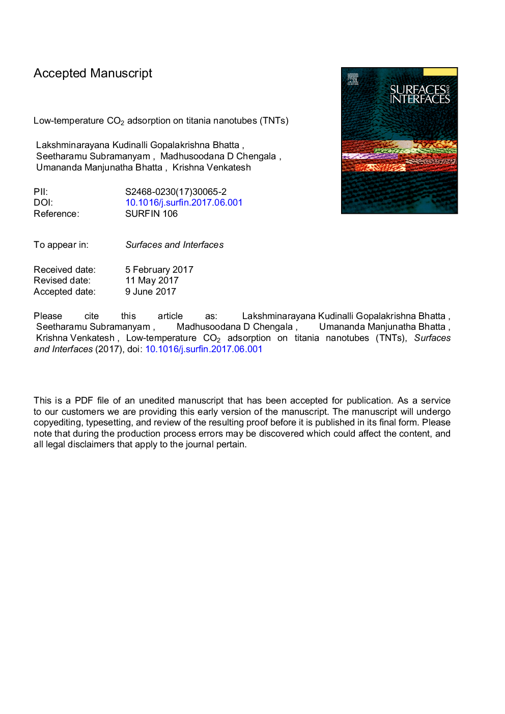 Low-temperature CO2 adsorption on Titania nanotubes (TNTs)