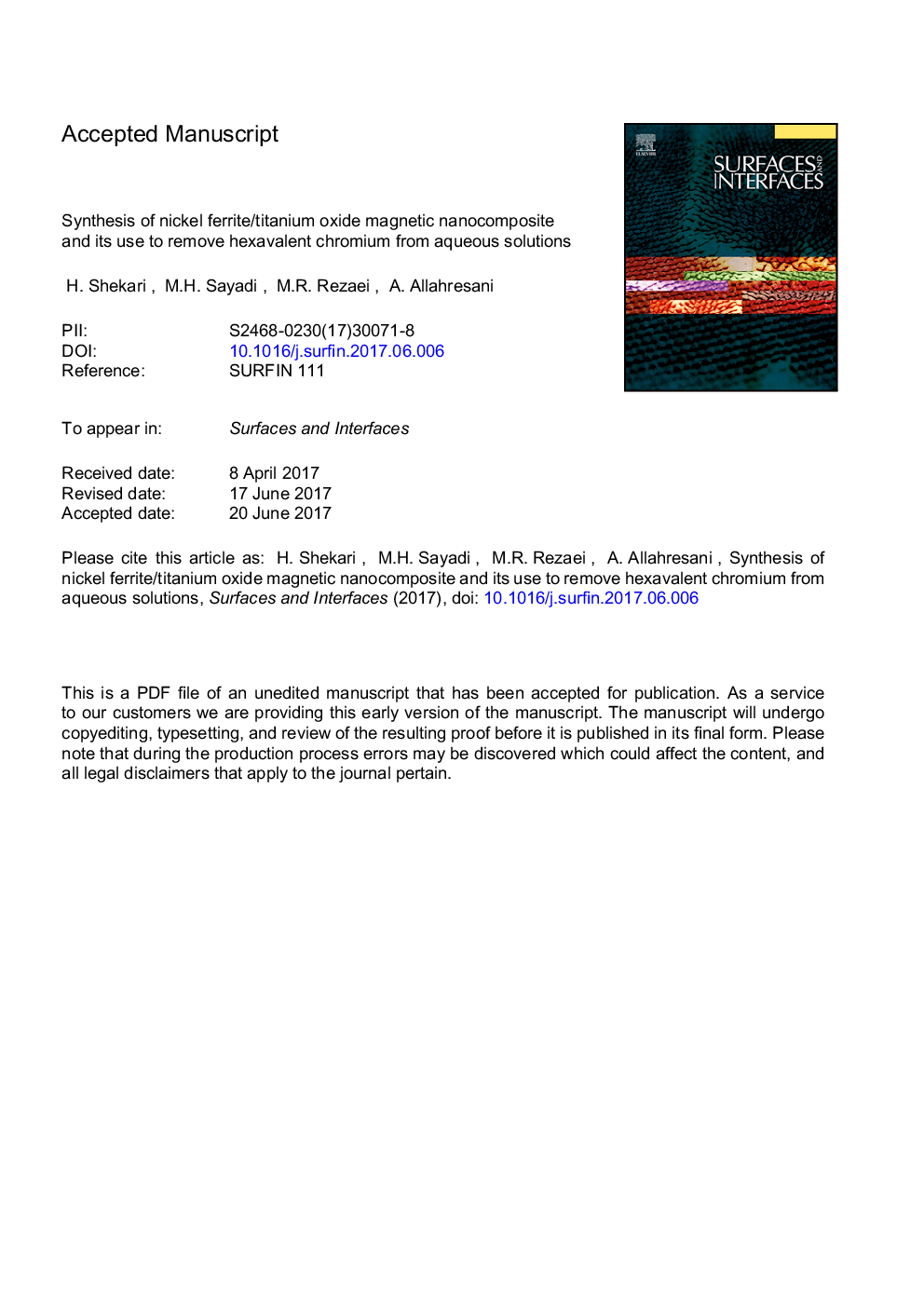 Synthesis of nickel ferrite/titanium oxide magnetic nanocomposite and its use to remove hexavalent chromium from aqueous solutions