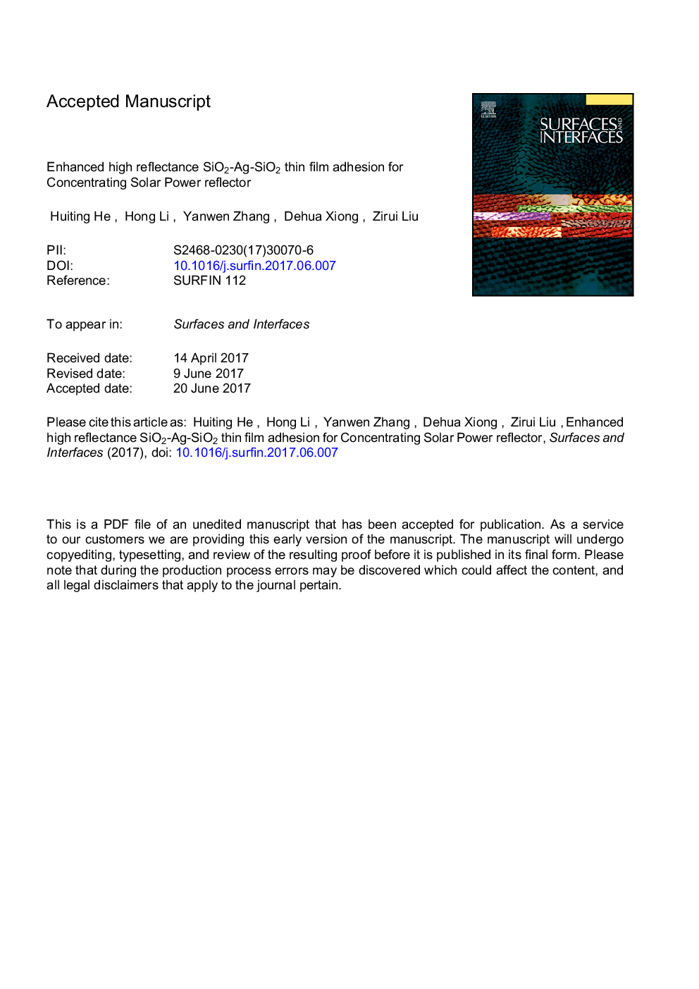 Enhanced high reflectance SiO2-Ag-SiO2 thin film adhesion for Concentrating Solar Power reflector