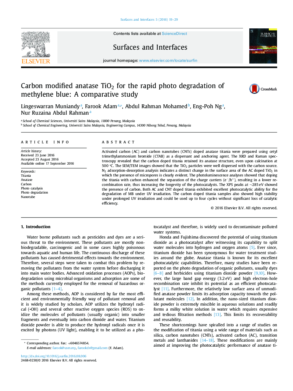 Carbon modified anatase TiO2 for the rapid photo degradation of methylene blue: A comparative study