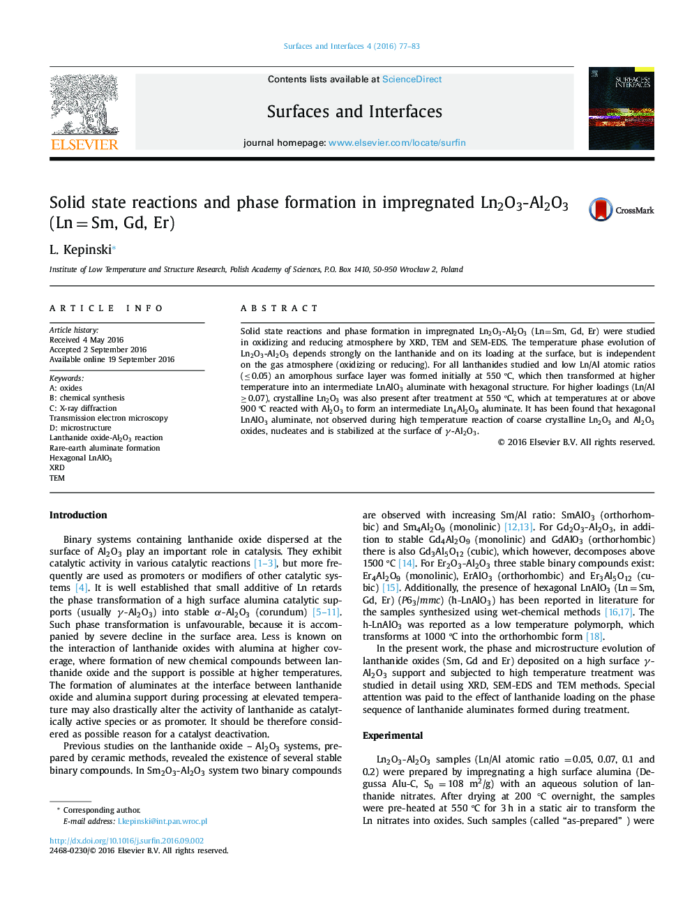 Solid state reactions and phase formation in impregnated Ln2O3-Al2O3 (LnÂ =Â Sm, Gd, Er)