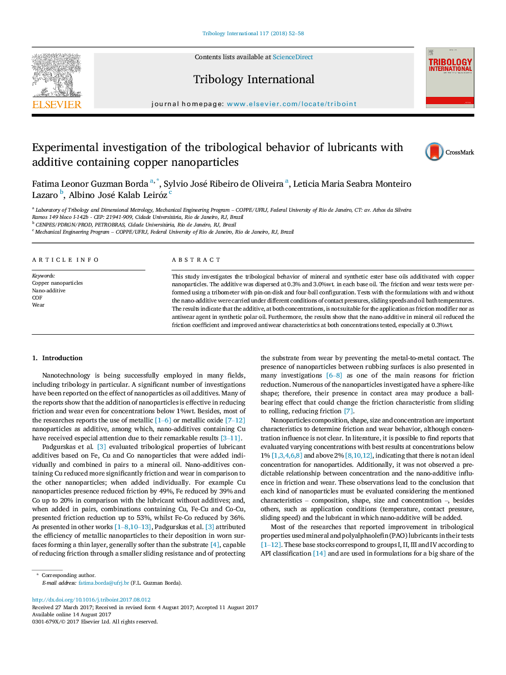 Experimental investigation of the tribological behavior of lubricants with additive containing copper nanoparticles