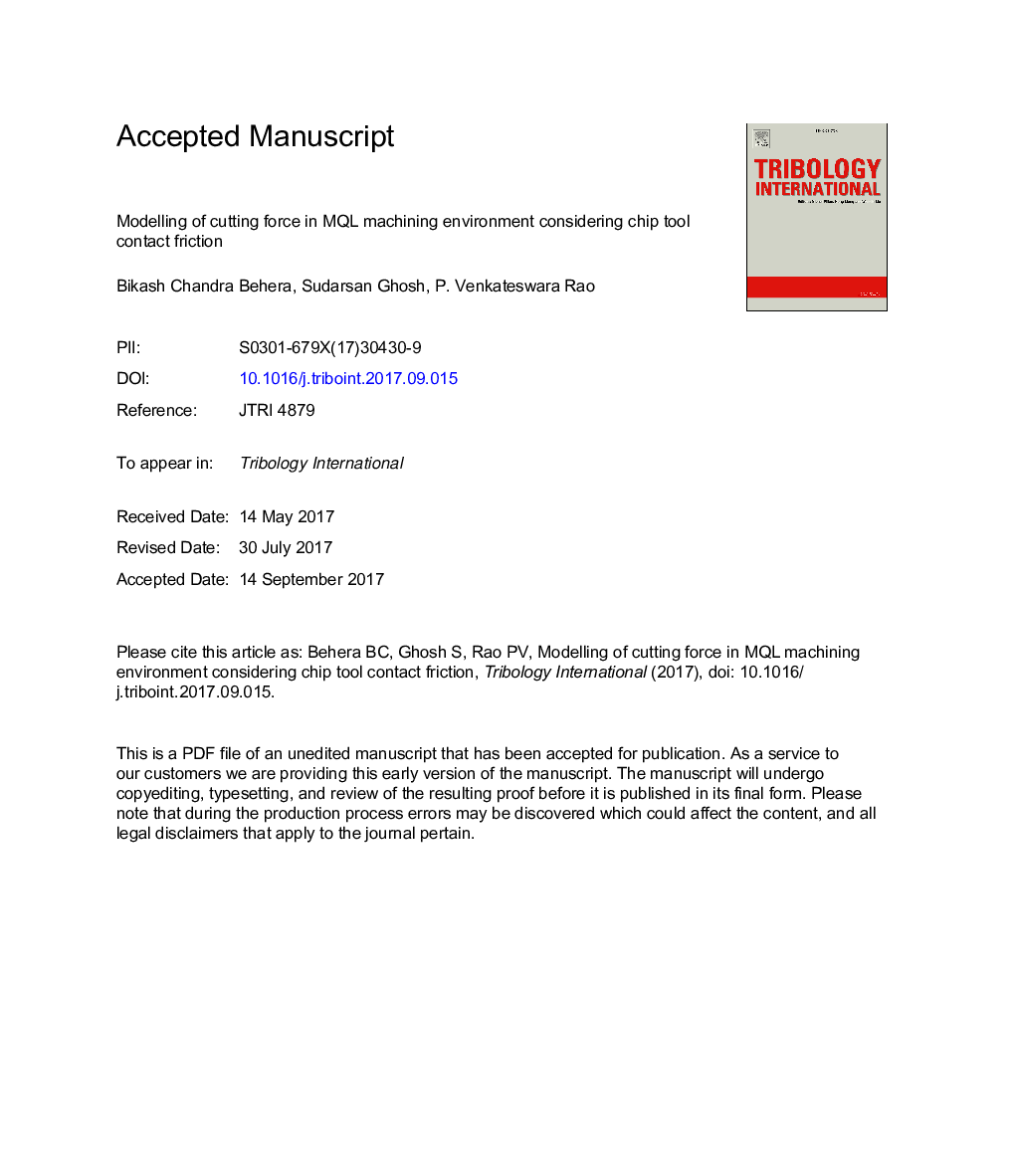 Modeling of cutting force in MQL machining environment considering chip tool contact friction