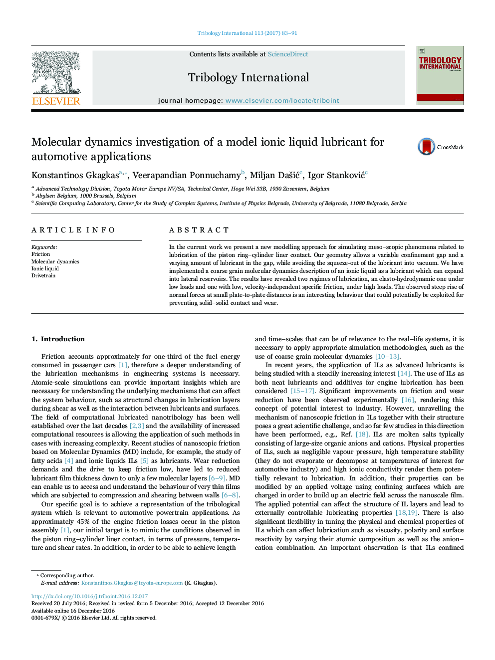 Molecular dynamics investigation of a model ionic liquid lubricant for automotive applications