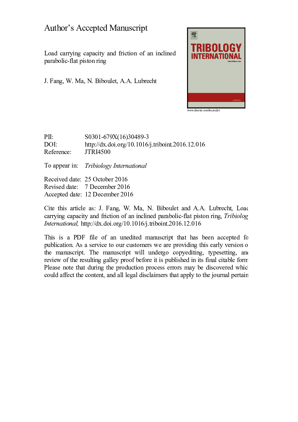 Load carrying capacity and friction of an inclined parabolic-flat piston ring