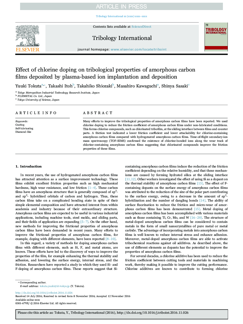 Effect of chlorine doping on tribological properties of amorphous carbon films deposited by plasma-based ion implantation and deposition