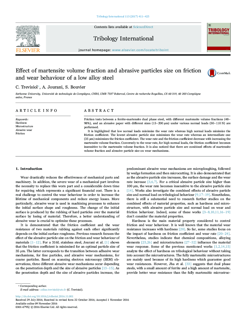 Effect of martensite volume fraction and abrasive particles size on friction and wear behaviour of a low alloy steel