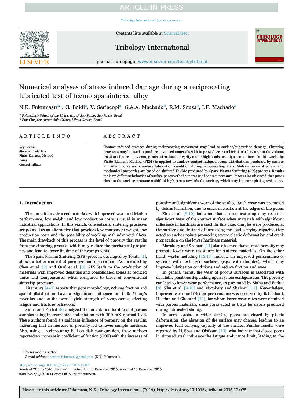 Numerical analyses of stress induced damage during a reciprocating lubricated test of fecmo sps sintered alloy