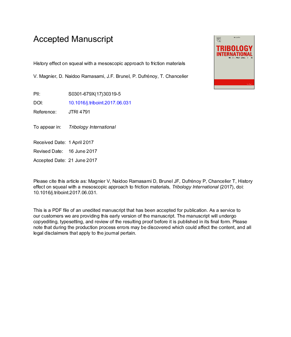 History effect on squeal with a mesoscopic approach to friction materials