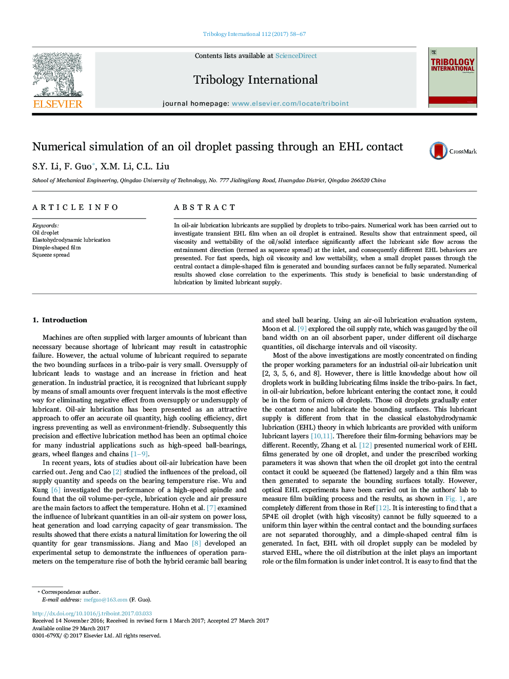 Numerical simulation of an oil droplet passing through an EHL contact