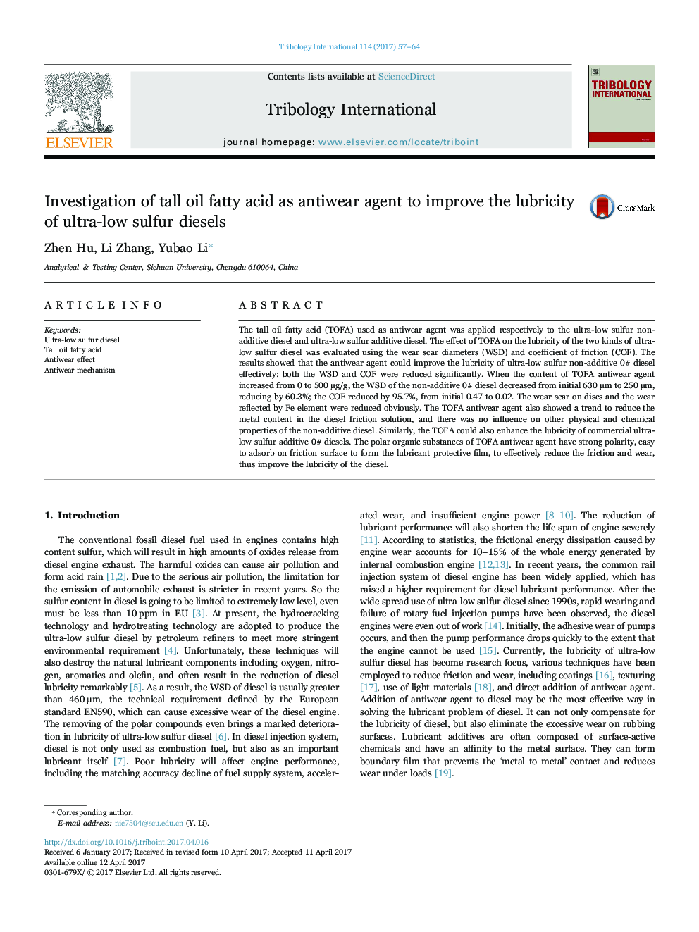 Investigation of tall oil fatty acid as antiwear agent to improve the lubricity of ultra-low sulfur diesels