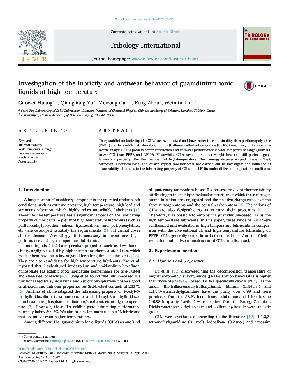 Investigation of the lubricity and antiwear behavior of guanidinium ionic liquids at high temperature