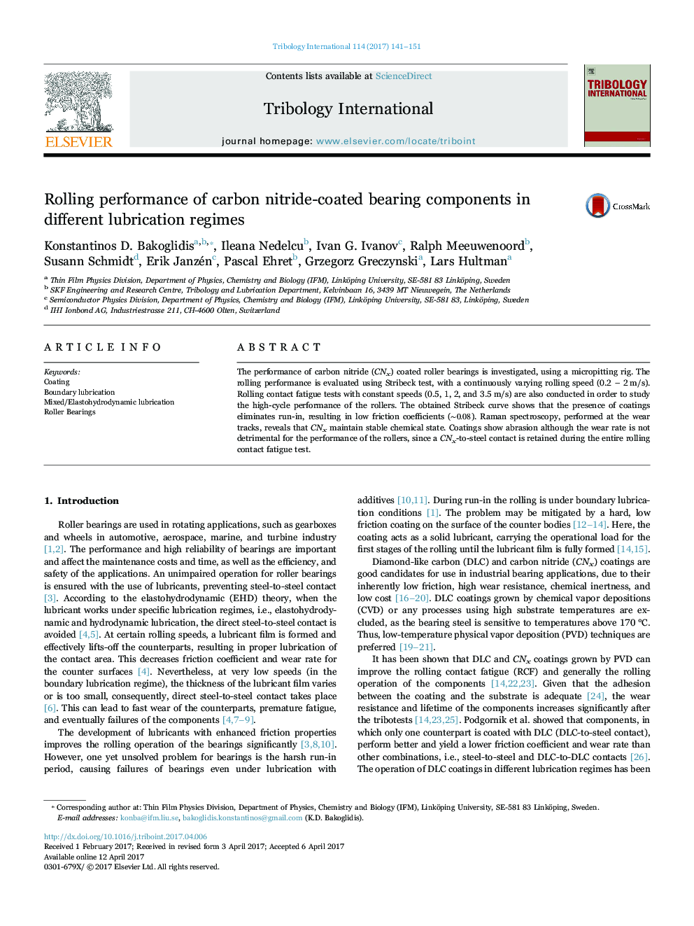 Rolling performance of carbon nitride-coated bearing components in different lubrication regimes