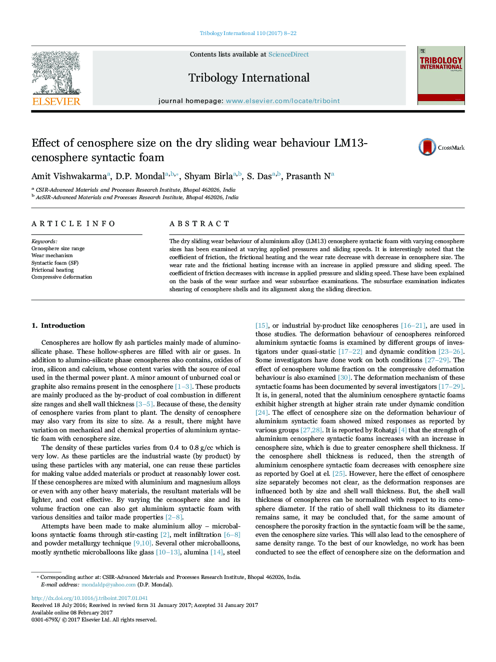 Effect of cenosphere size on the dry sliding wear behaviour LM13-cenosphere syntactic foam