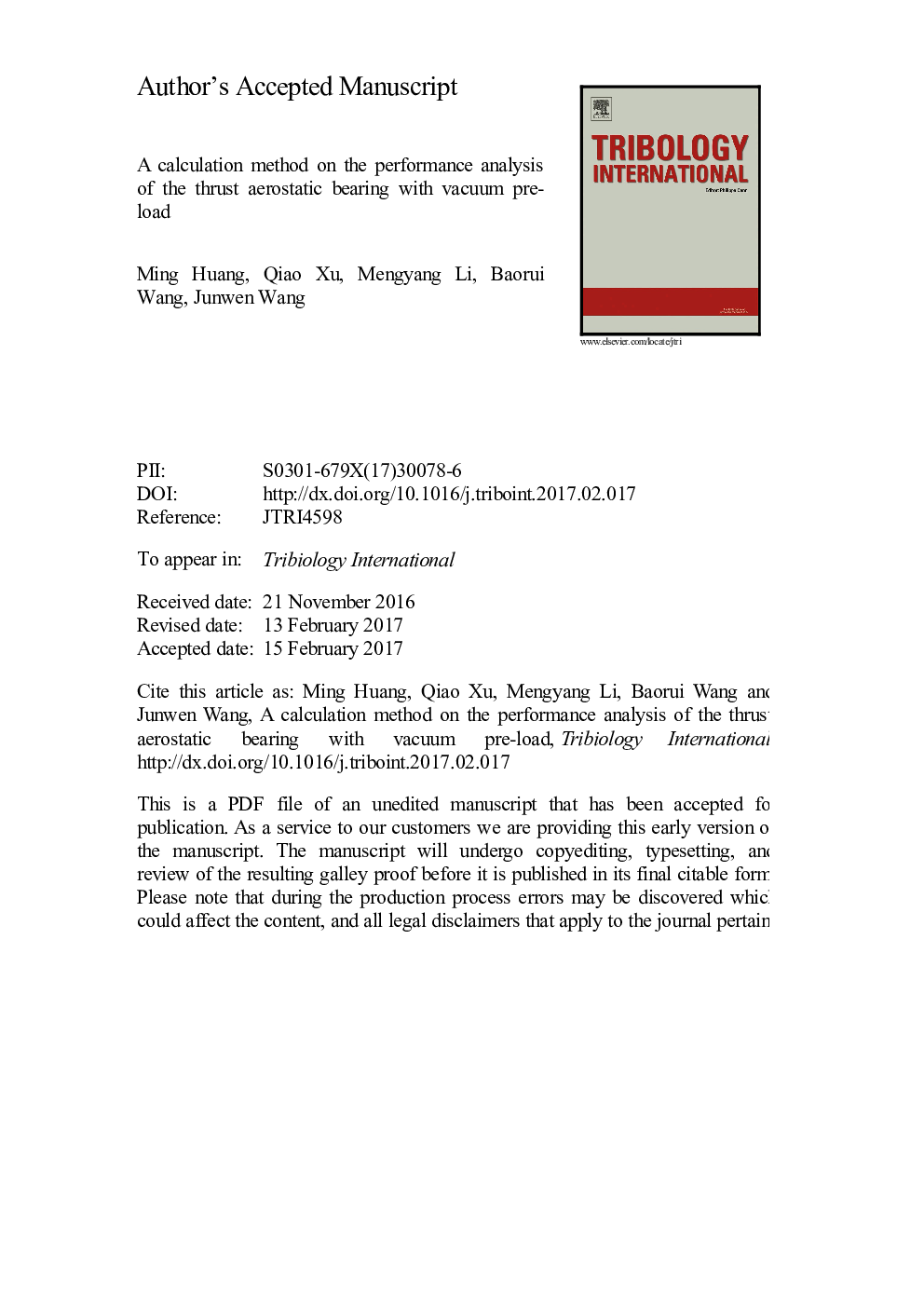 A calculation method on the performance analysis of the thrust aerostatic bearing with vacuum pre-load