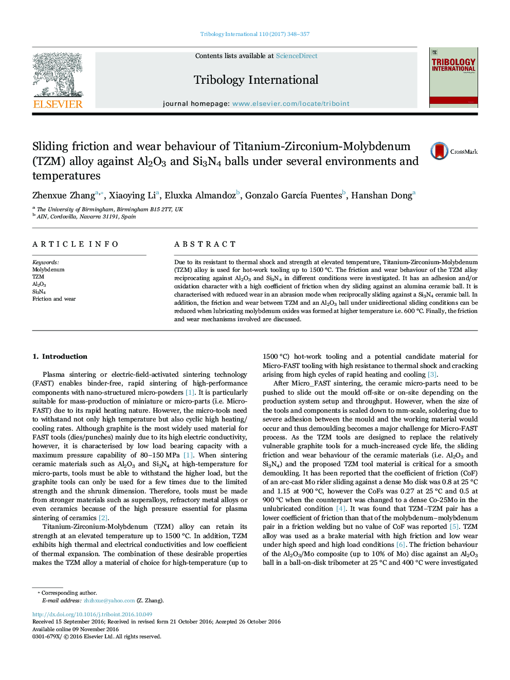 Sliding friction and wear behaviour of Titanium-Zirconium-Molybdenum (TZM) alloy against Al2O3 and Si3N4 balls under several environments and temperatures