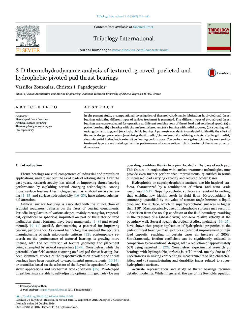 3-D thermohydrodynamic analysis of textured, grooved, pocketed and hydrophobic pivoted-pad thrust bearings