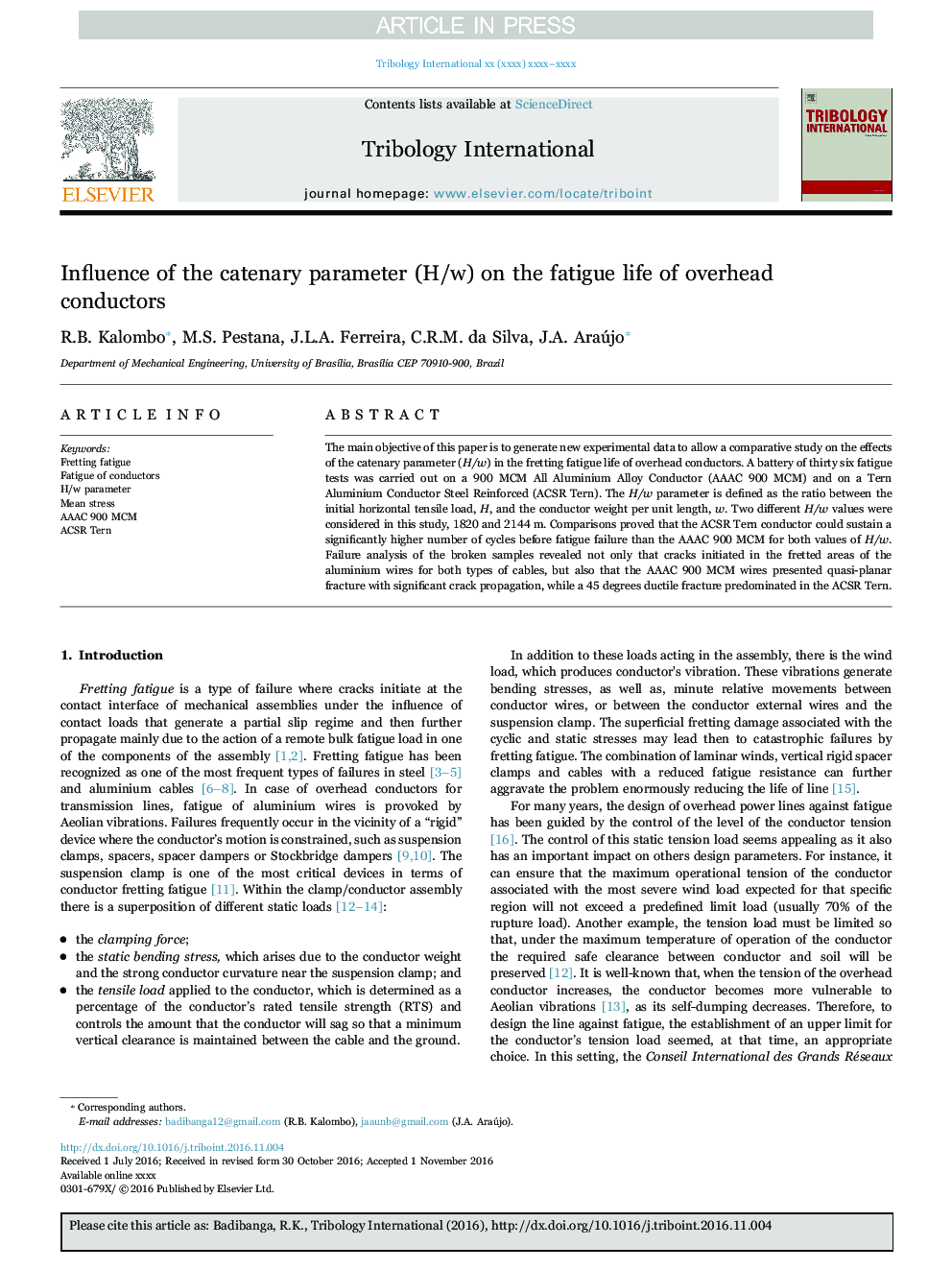 Influence of the catenary parameter (H/w) on the fatigue life of overhead conductors