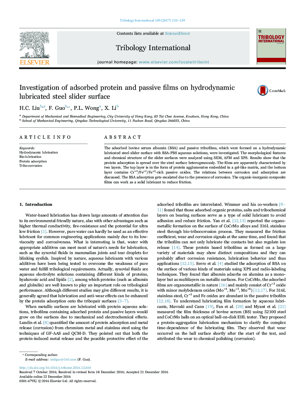 بررسی پروتئین های جذب شده و فیلم های غیر فعال بر روی سطح لغزنده فولاد روانکاری هیدرودینامیکی 