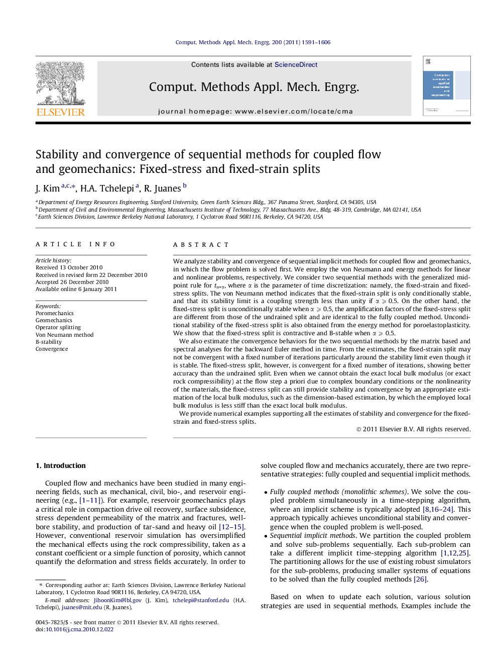 Stability and convergence of sequential methods for coupled flow and geomechanics: Fixed-stress and fixed-strain splits