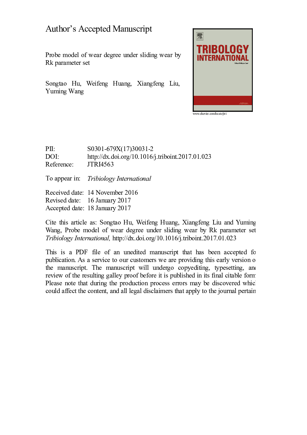 Probe model of wear degree under sliding wear by Rk parameter set