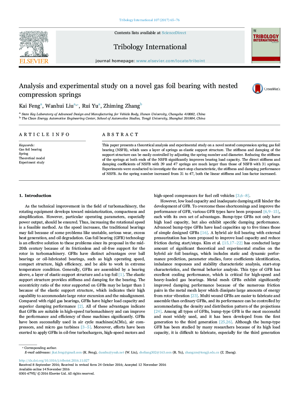 Analysis and experimental study on a novel gas foil bearing with nested compression springs