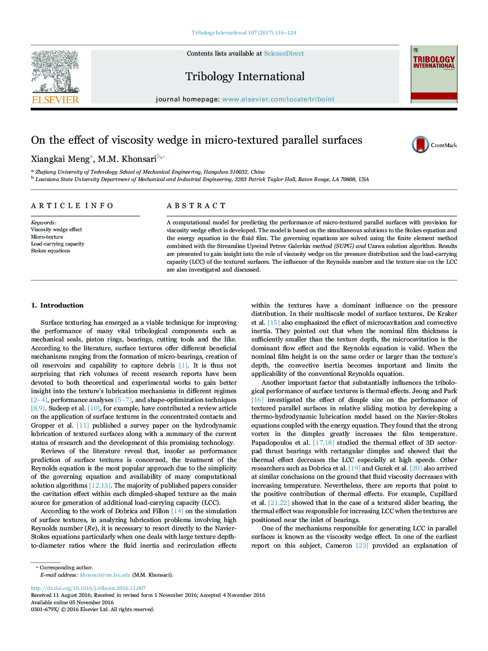 On the effect of viscosity wedge in micro-textured parallel surfaces