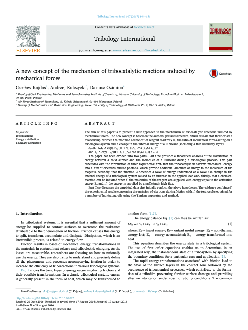 A new concept of the mechanism of tribocatalytic reactions induced by mechanical forces