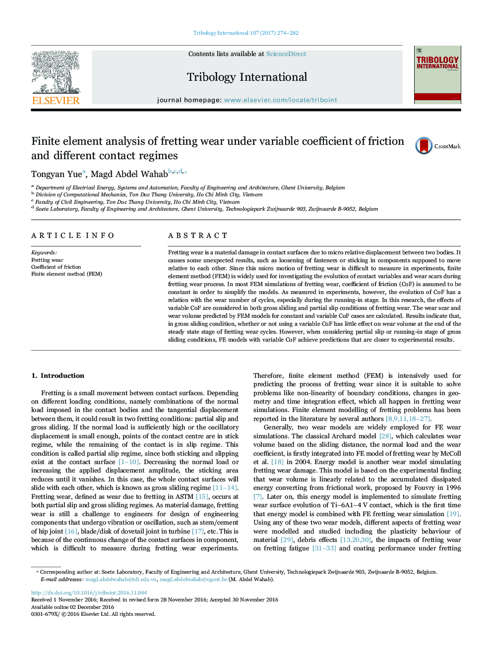 Finite element analysis of fretting wear under variable coefficient of friction and different contact regimes