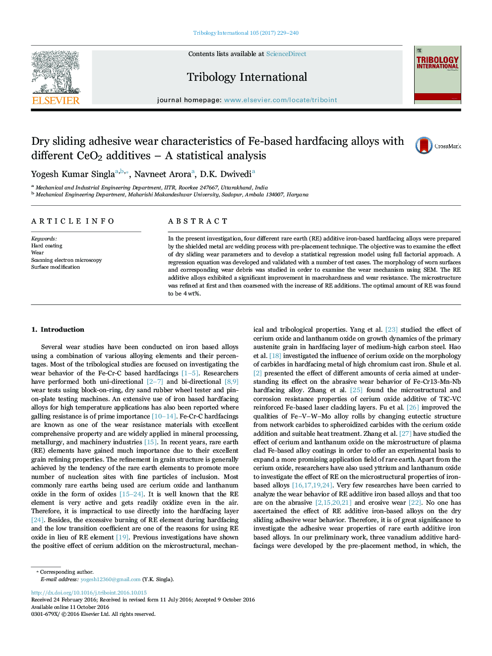 Dry sliding adhesive wear characteristics of Fe-based hardfacing alloys with different CeO2 additives - A statistical analysis