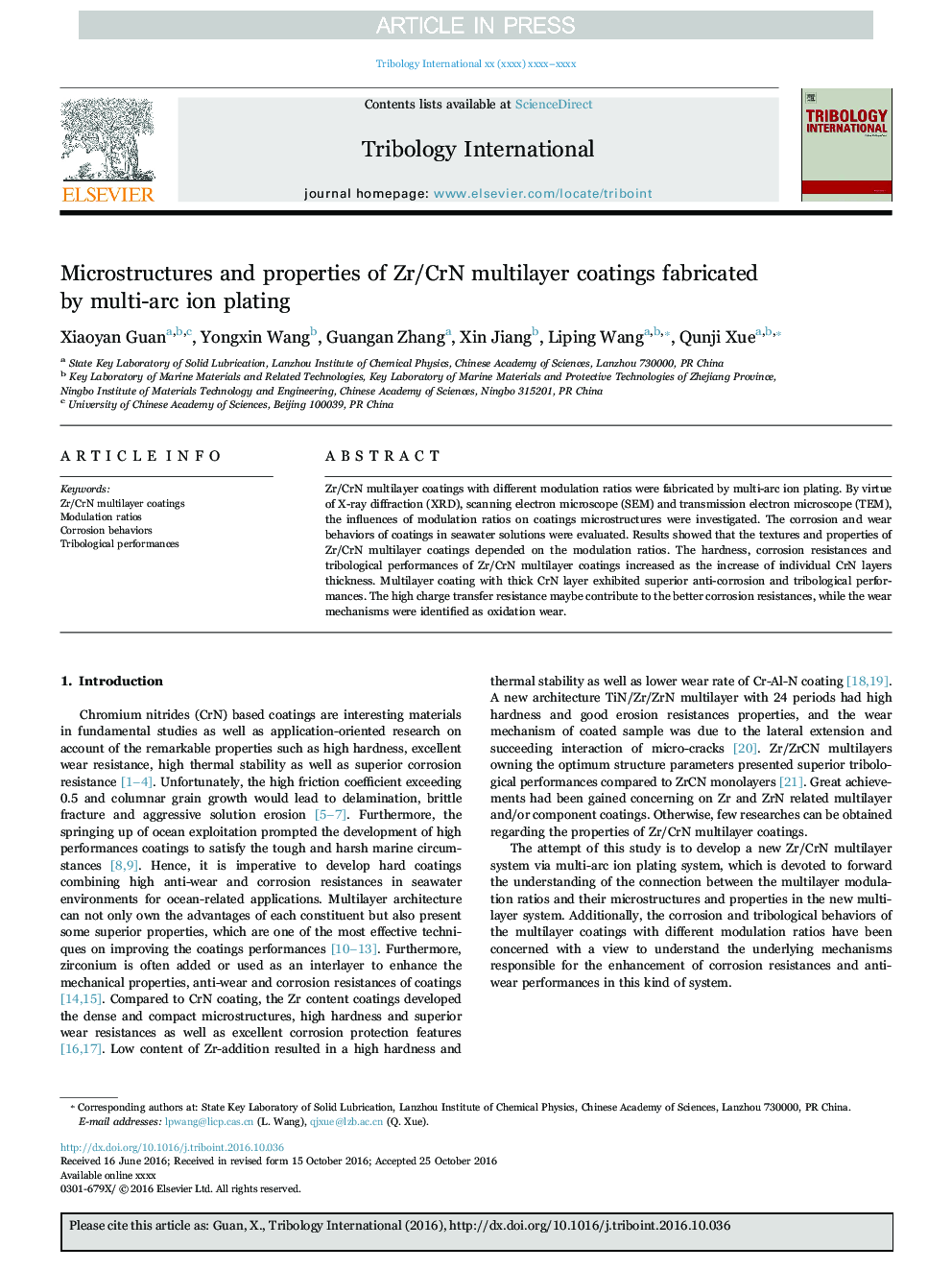 Microstructures and properties of Zr/CrN multilayer coatings fabricated by multi-arc ion plating