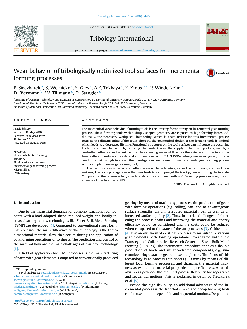 Wear behavior of tribologically optimized tool surfaces for incremental forming processes