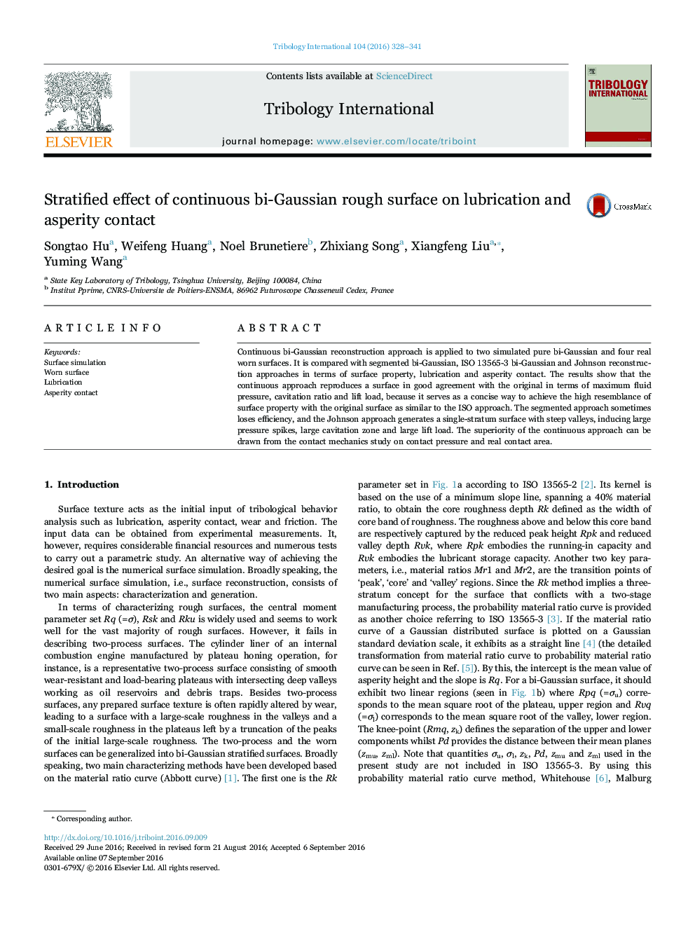 Stratified effect of continuous bi-Gaussian rough surface on lubrication and asperity contact